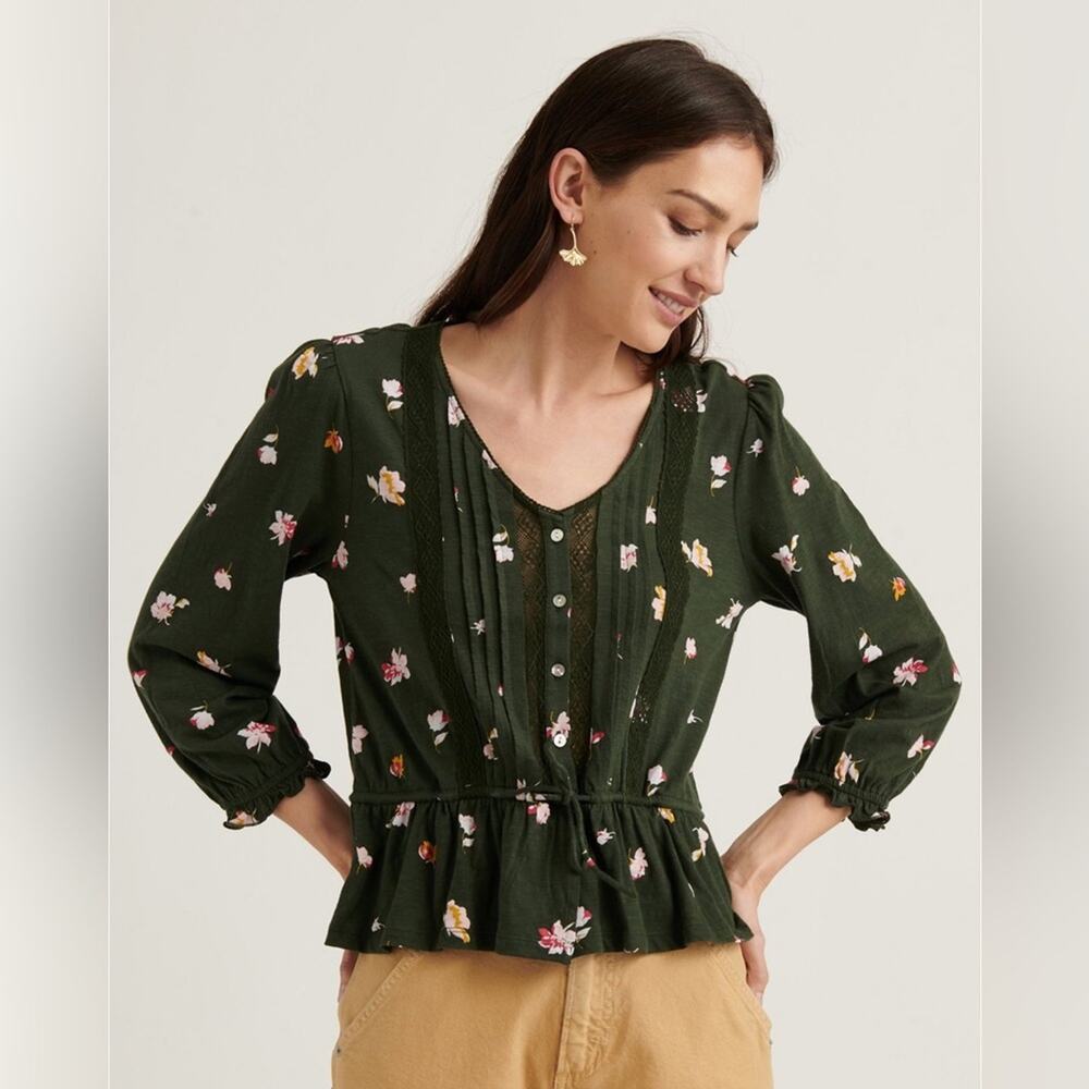 Lucky Brand Floral Printed Tie Waist 3 Quarter Sleeve Top Olive Green Size XS